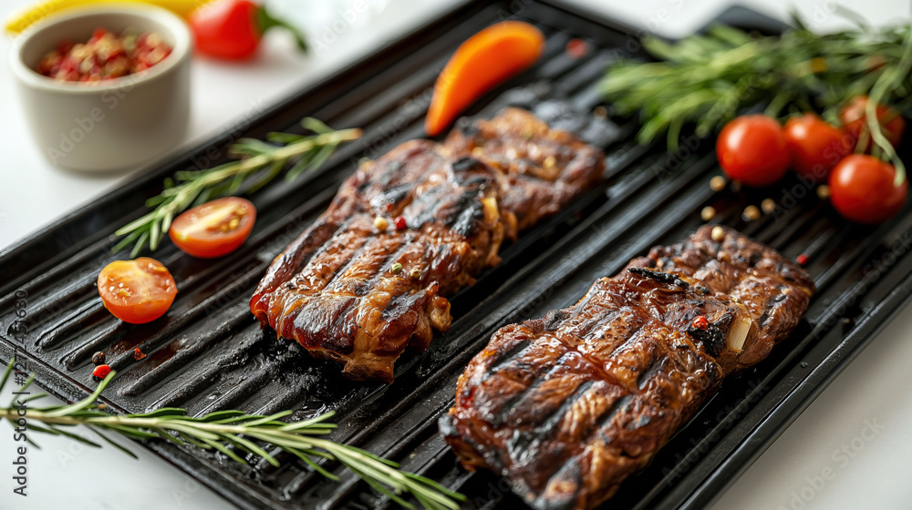 Minimalistic BBQ setup featuring grilled meat and fresh vegetables on a clean white background Minimalistic BBQ setup featuring grilled meat and fresh vegetables on a clean white background