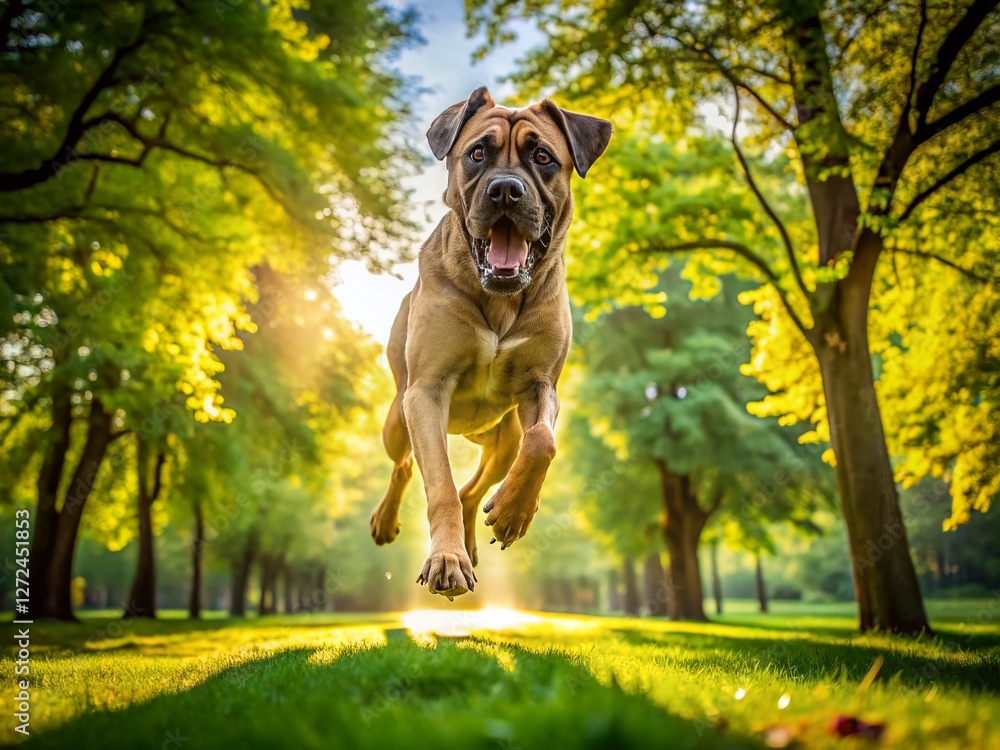 Majestic Mastiff Dog Leaping in Park Panoramic Majestic Mastiff Dog Leaping in Park Panoramic