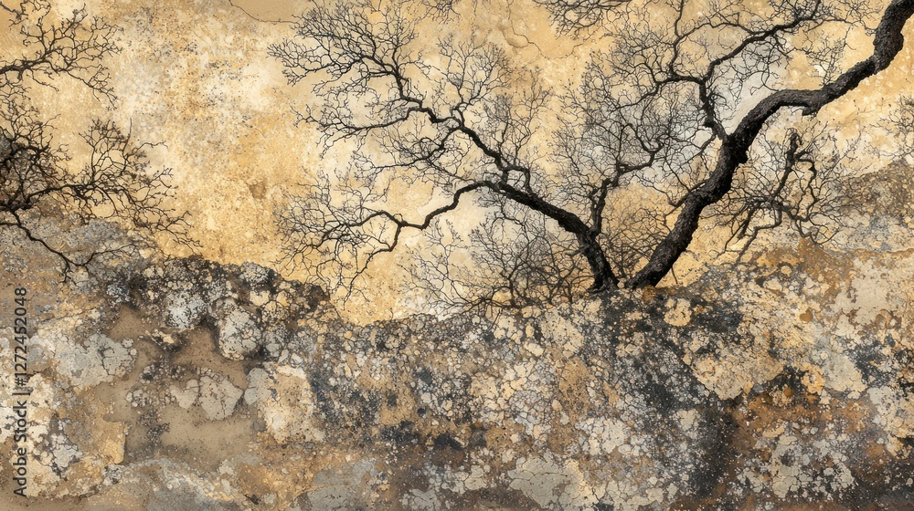 Abstract art of bare trees against a textured, gold and grey background. Abstract art of bare trees against a textured, gold and grey background.