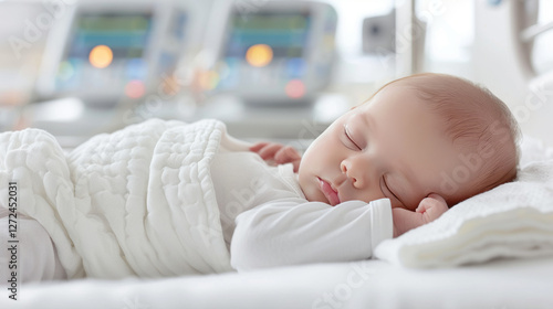Serene Slumber: A newborn baby lies sleeping peacefully, wrapped gently in soft blankets, radiating innocence and tranquility, set against the backdrop of a neonatal intensive care unit.