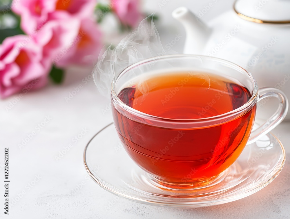 A steaming cup of aromatic tea placed on a table with blooming flowers nearby A steaming cup of aromatic tea placed on a table with blooming flowers nearby