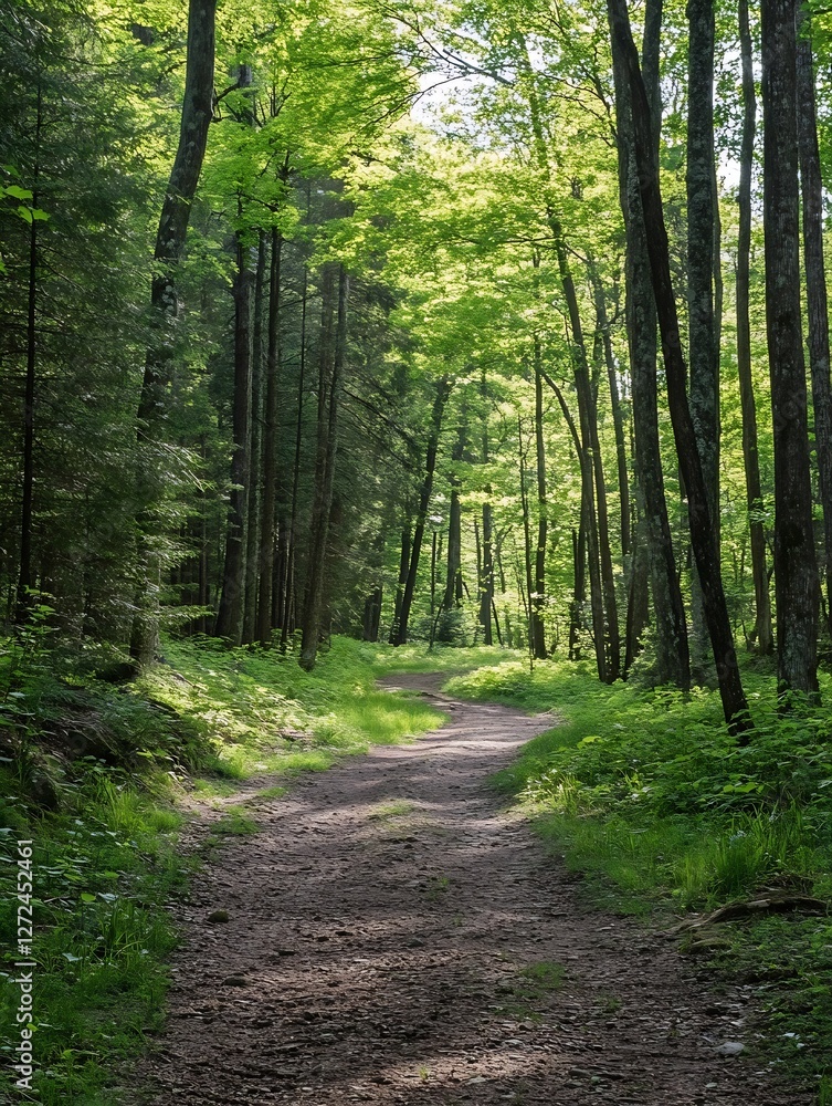 Fototapeta premium Lush green forest path with sunlight filtering through trees creating a peaceful vibe : Generative AI