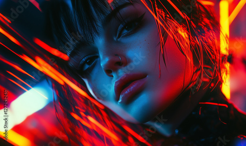 Bold neon streams enliven a shadowed black field, creating striking contrast for futuristic digital visuals