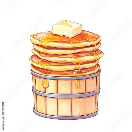 Stack of Pancakes Topped with Butter and Syrup in Wooden Bucket Delicious Breakfast Treats. photo