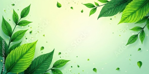 Vibrant green leaves & floral swirls on abstract background, color, trendy