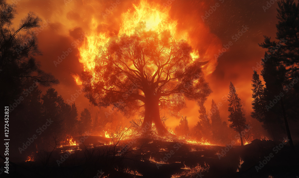 Dramatic scene of a giant tree engulfed in a raging firestorm amidst a turbulent wilderness