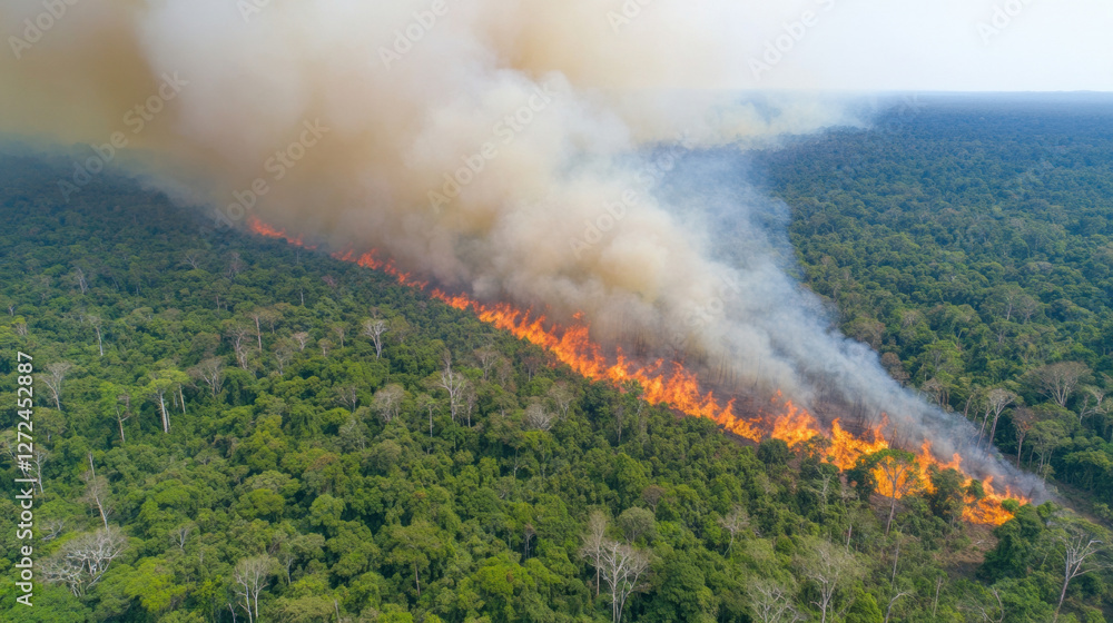 Aerial view of forest fire with smoke and flames spreading through dense trees, highlighting environmental impact and urgency Aerial view of forest fire with smoke and flames spreading through dense trees, highlighting environmental impact and urgency
