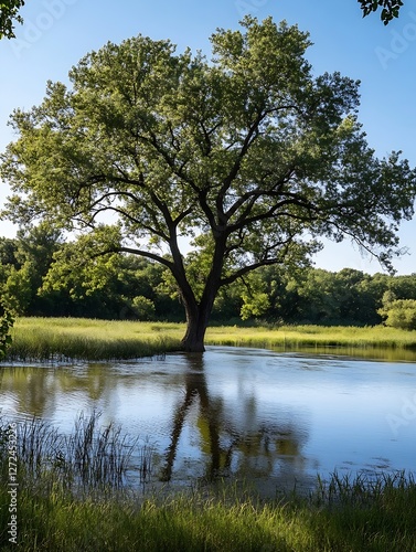 Serene Landscape Featuring a Majestic Tree Reflecting in Calm Water Under Clear Sky : Generative AI