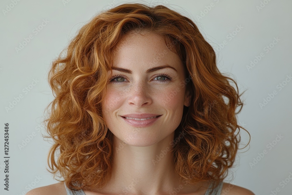 Naklejka premium Smiling redhead woman with curly hair. Ideal for beauty, fashion, or health websites.