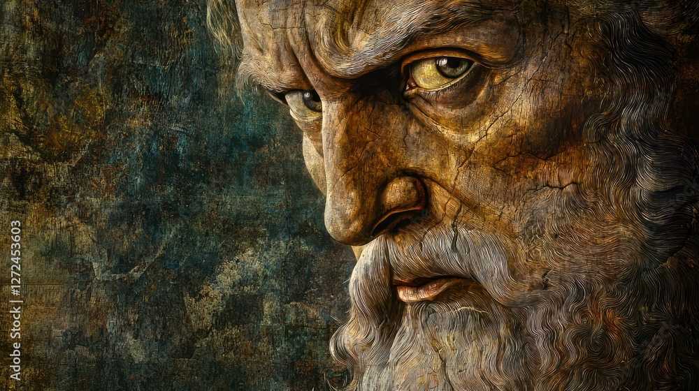 Close-Up Portrait of a Wise Ancient Figure with Detailed Features Close-Up Portrait of a Wise Ancient Figure with Detailed Features