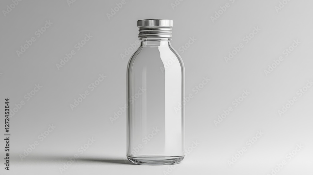 Clear Glass Bottle with Silver Metal Screw Cap on White Background Clear Glass Bottle with Silver Metal Screw Cap on White Background