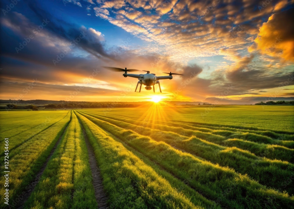 Drone captures wide, sun-drenched green fields at golden hour, an idyllic aerial vista. Drone captures wide, sun-drenched green fields at golden hour, an idyllic aerial vista.