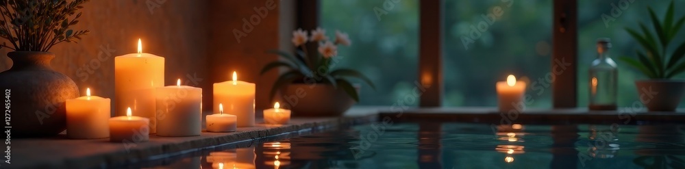 Subdued lighting, flickering candles in serene spa, serenity, aromatherapy, intimate Subdued lighting, flickering candles in serene spa, serenity, aromatherapy, intimate