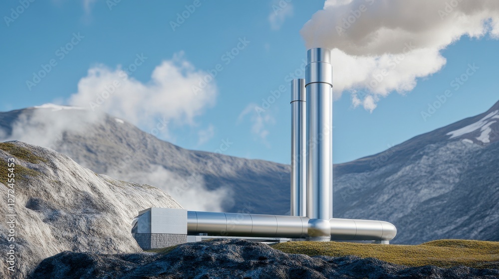 Fototapeta premium Geothermal Power Plant with Silver Silos Against a Mountainous Background and Blue Cloudy Sky