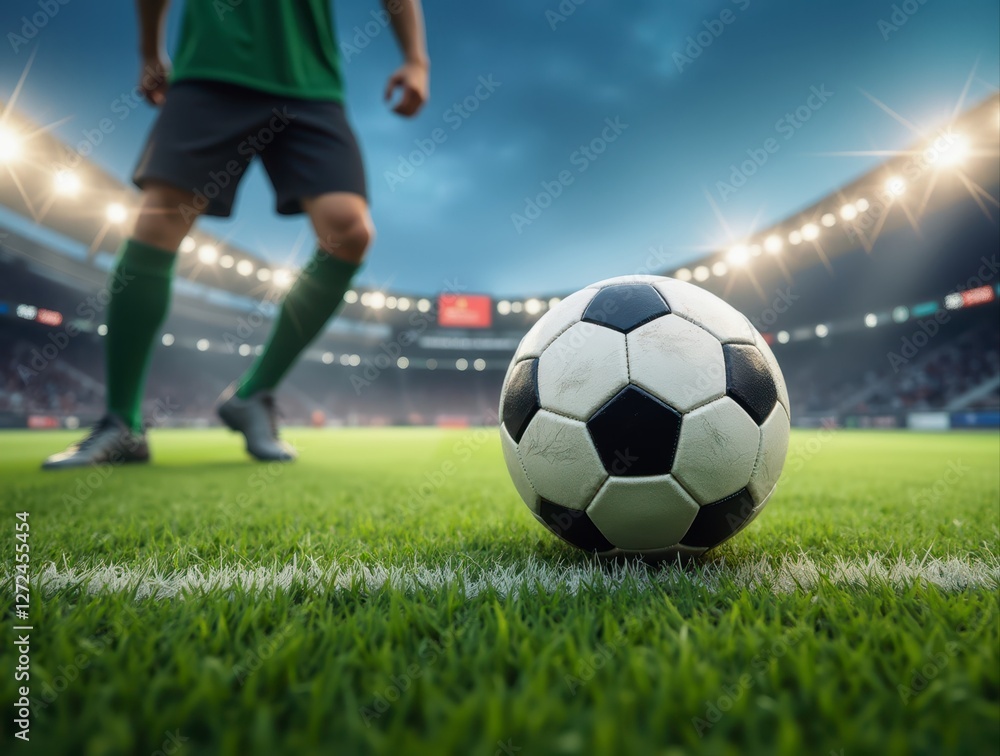 Soccer player getting ready to kick ball in stadium Soccer player getting ready to kick ball in stadium