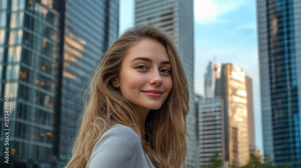 Smiling young woman with long blonde hair, looking over her shoulder in a city. Smiling young woman with long blonde hair, looking over her shoulder in a city.
