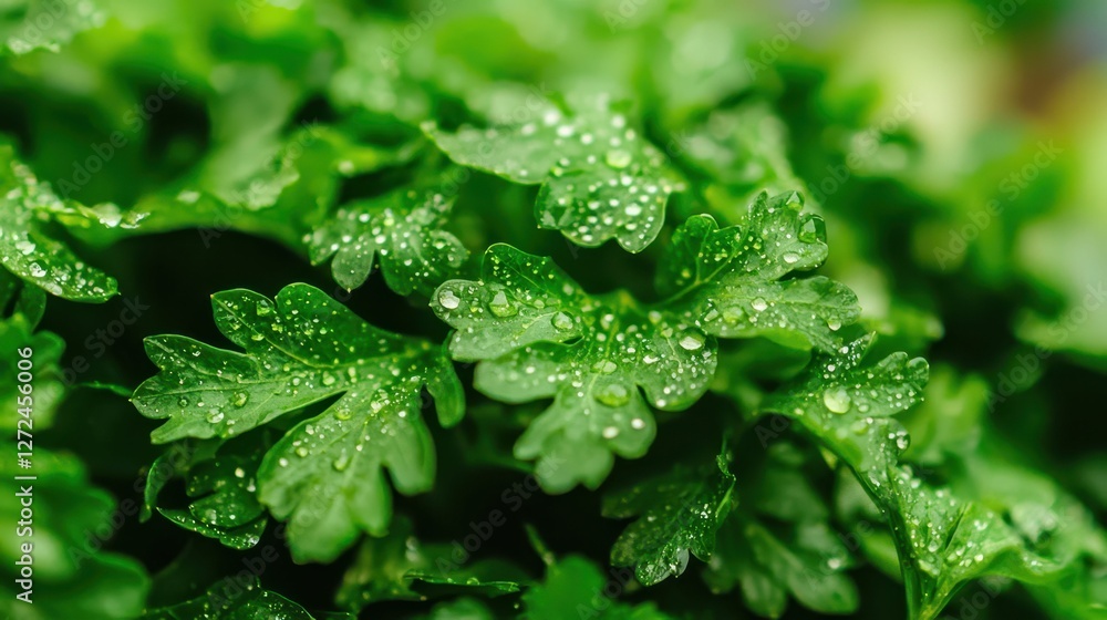 Macro View of Fresh Parsley Leaves with Dew Drops on Surface Macro View of Fresh Parsley Leaves with Dew Drops on Surface