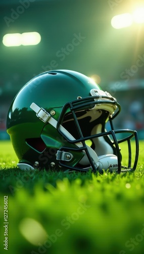 Bright green field, gleaming football helmet and ball , play, closeup, summer