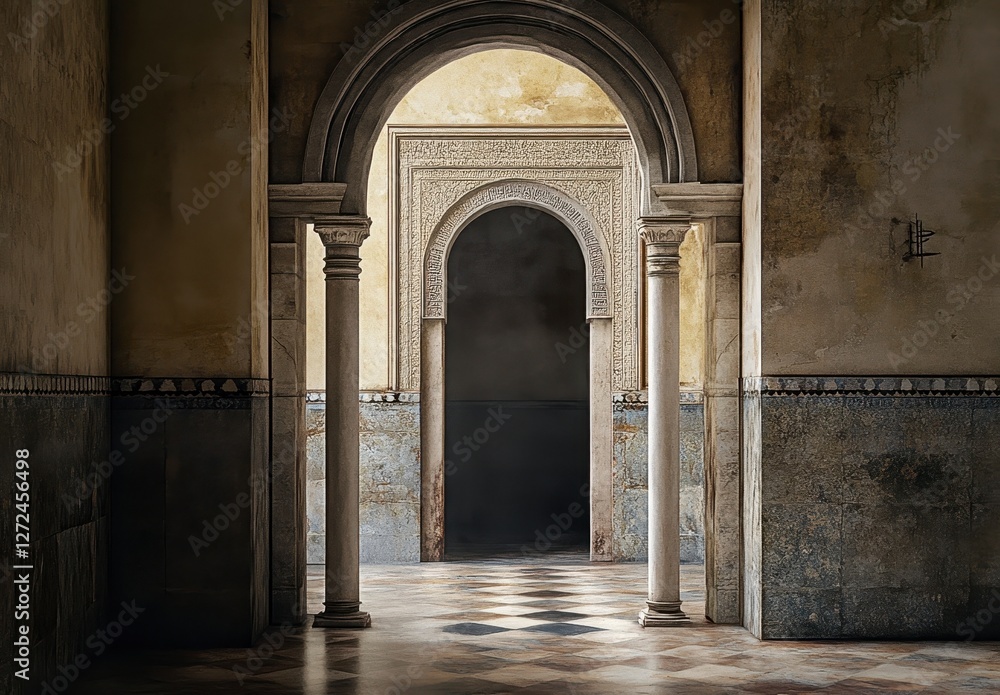 Fototapeta premium Elegant Arched Hallway with Decorative Walls and Checkered Floor