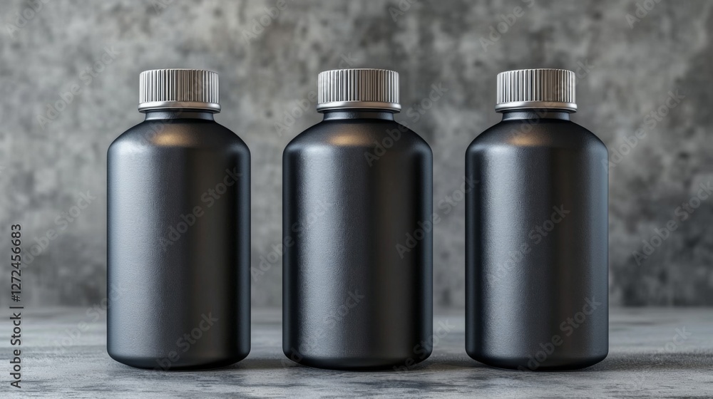 Three Black Shiny Bottles with Silver Caps on Gray Textured Surface Three Black Shiny Bottles with Silver Caps on Gray Textured Surface