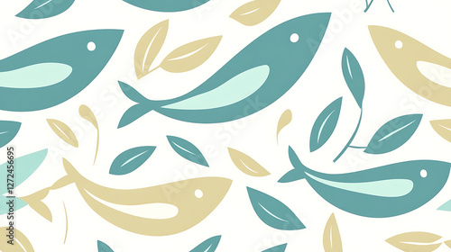 Teal and Beige Fish Patterned Background Aquatic Graphic Design Aesthetic Visual Illustration.