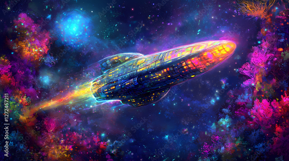 Fototapeta premium Spaceship soaring over vibrant underwater fantasy landscape. Otherworldly Luminous Creatures. Illustration