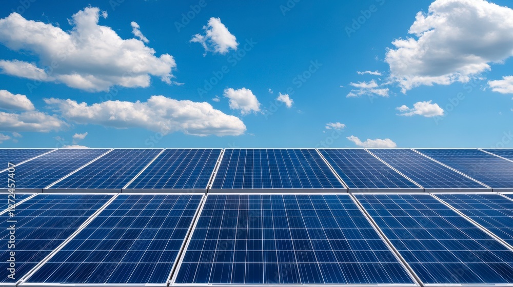 Minimalist Solar Panel Array Reflecting Blue Sky and Clouds in a Sustainable Energy Field Minimalist Solar Panel Array Reflecting Blue Sky and Clouds in a Sustainable Energy Field