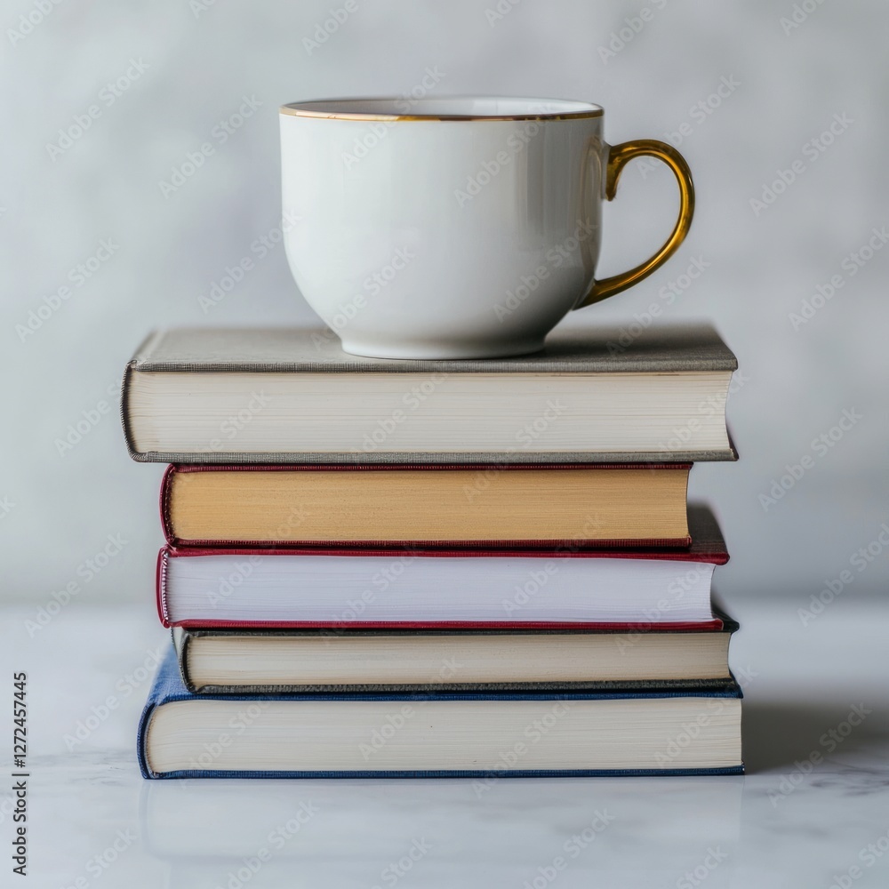 A white coffee cup with a gold rim resting atop a stack of colorful books A white coffee cup with a gold rim resting atop a stack of colorful books
