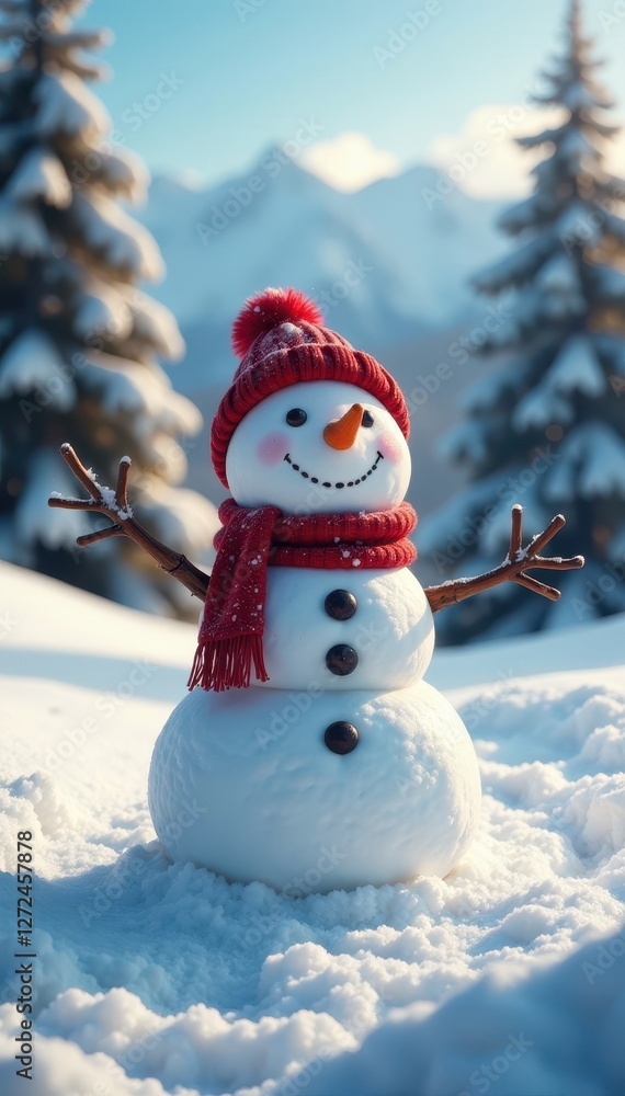 Fototapeta premium Joyful snowman in wide winter landscape, ample copy space, new year, panoramic