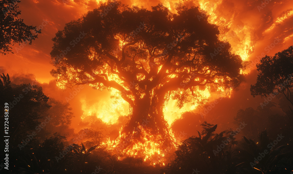 Giant tree engulfed in a raging firestorm symbolizes nature's resilience amidst destructive forces and rebirth Giant tree engulfed in a raging firestorm symbolizes nature's resilience amidst destructive forces and rebirth