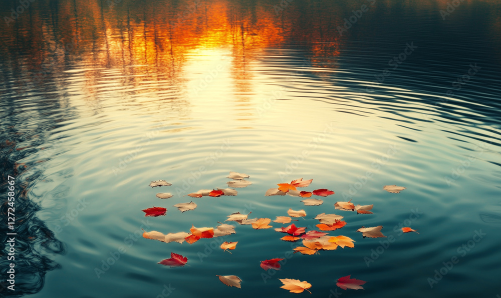 Serene lake reflecting a perfect autumn sunset over tranquil waters with vivid seasonal color palette Serene lake reflecting a perfect autumn sunset over tranquil waters with vivid seasonal color palette