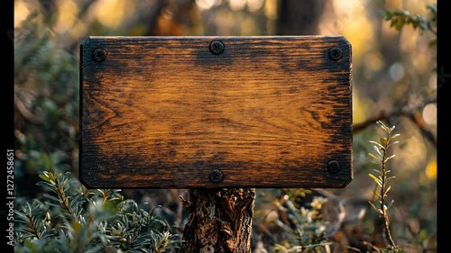 Blank wooden signpost in forest, nature background, message board