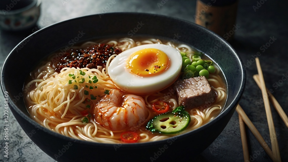 Bowl of Ramen Noodles with Shrimp, Egg, and Vegetables on a Dark Wooden Table Bowl of Ramen Noodles with Shrimp, Egg, and Vegetables on a Dark Wooden Table