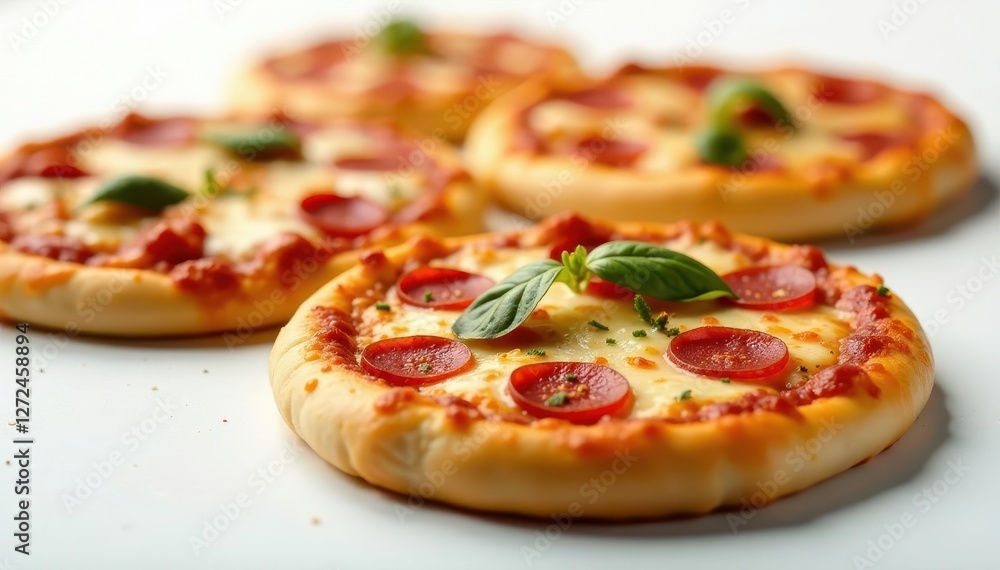 Close-up, assorted small pizzas, clean white backdrop, texture, restaurant Close-up, assorted small pizzas, clean white backdrop, texture, restaurant