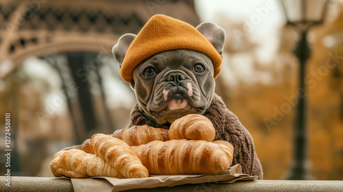 Bereted bulldog poses with croissants with a Parisian backdrop. Autumn colors.