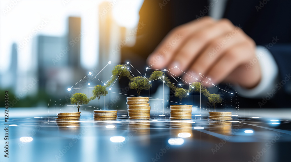 Growing Investments: Conceptual image showing financial growth and investment, with a person's hand tending to stacks of coins and a growing graph, representing the expansion of wealth. Growing Investments: Conceptual image showing financial growth and investment, with a person's hand tending to stacks of coins and a growing graph, representing the expansion of wealth.