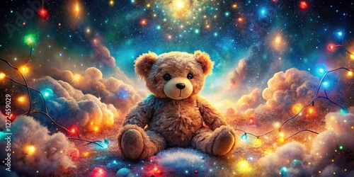 Festive plush bear, bathed in surreal holiday lights, creates magical Christmas photography.