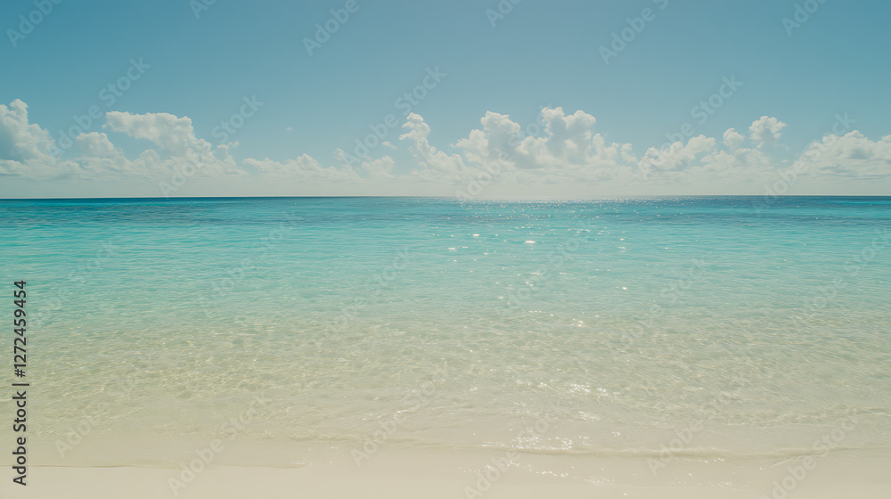 Obraz premium Tranquil Turquoise Beach with Sparkling Water and Fluffy Clouds Above the Horizon View Scenery.