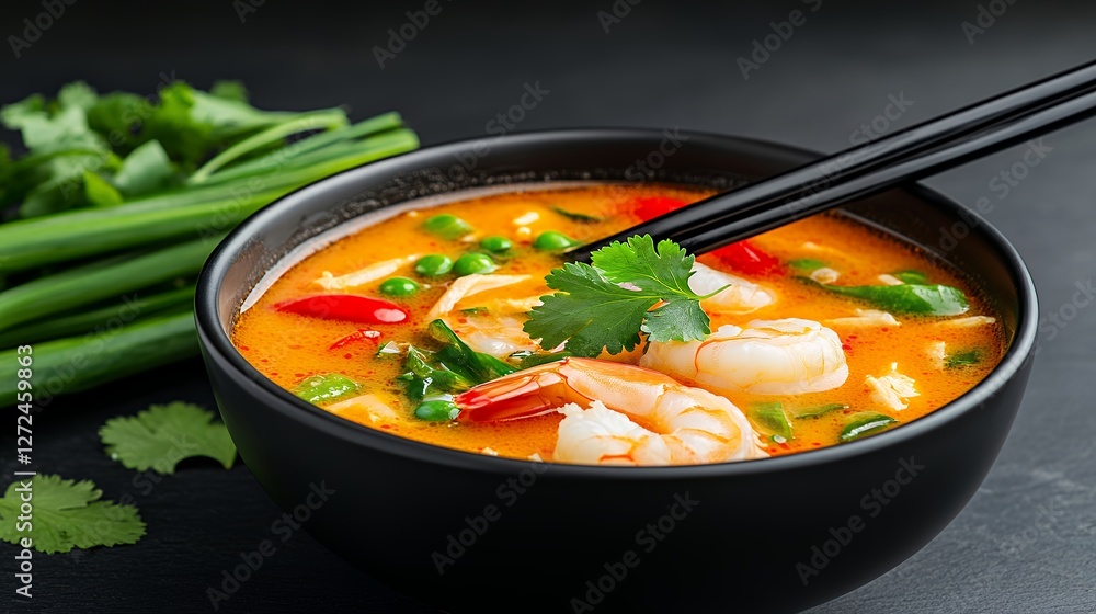 Delicious Spicy Shrimp Soup Garnished with Fresh Herbs in Black Bowl on Dark Background Delicious Spicy Shrimp Soup Garnished with Fresh Herbs in Black Bowl on Dark Background