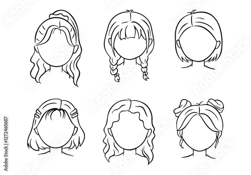 Different hairstyles depicted in a playful illustration of girls with varied hairdos in a simple style
