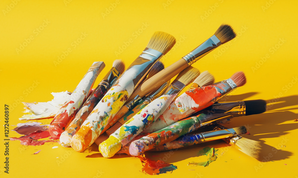 Obraz premium Abundant Art Supplies, Including Brushes and Paint Tubes, Arranged for Inspiring Creative Expression and Masterpieces