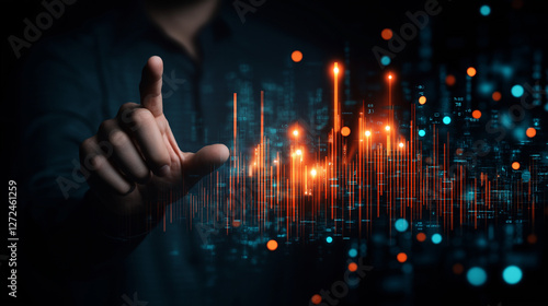 Data Vision  A hand points towards a vibrant  futuristic digital cityscape  symbolizing innovation and technological advancement in a sleek  dark environment. 