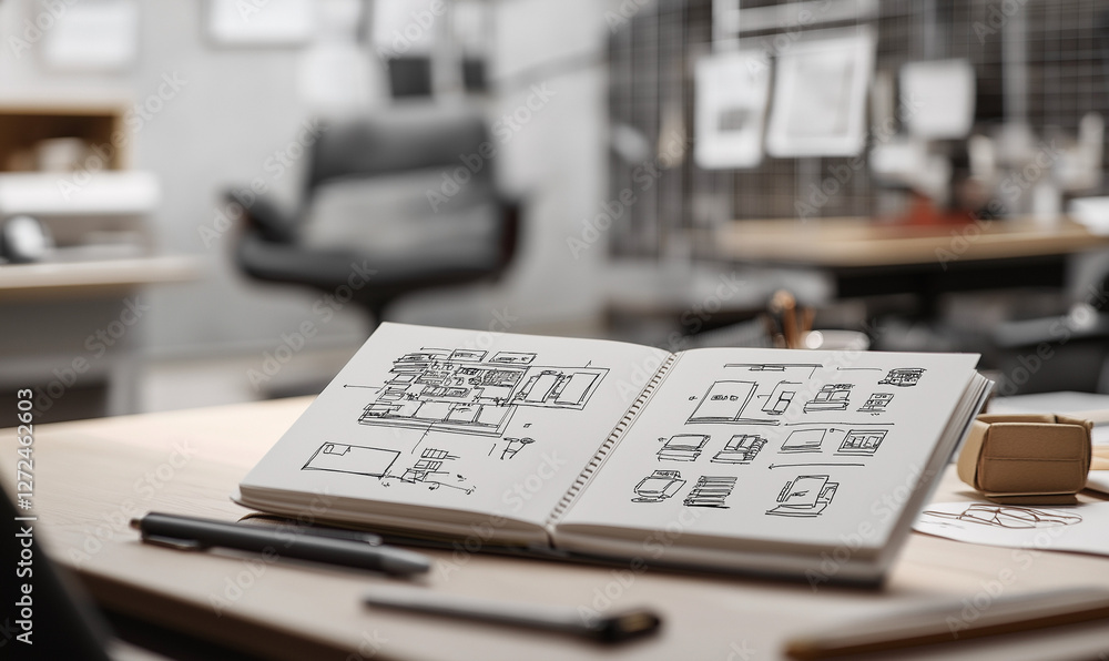 Obraz premium Inspiring designer notebook filled with innovative product sketches, imaginative ideas, and meticulously detailed conceptual plans