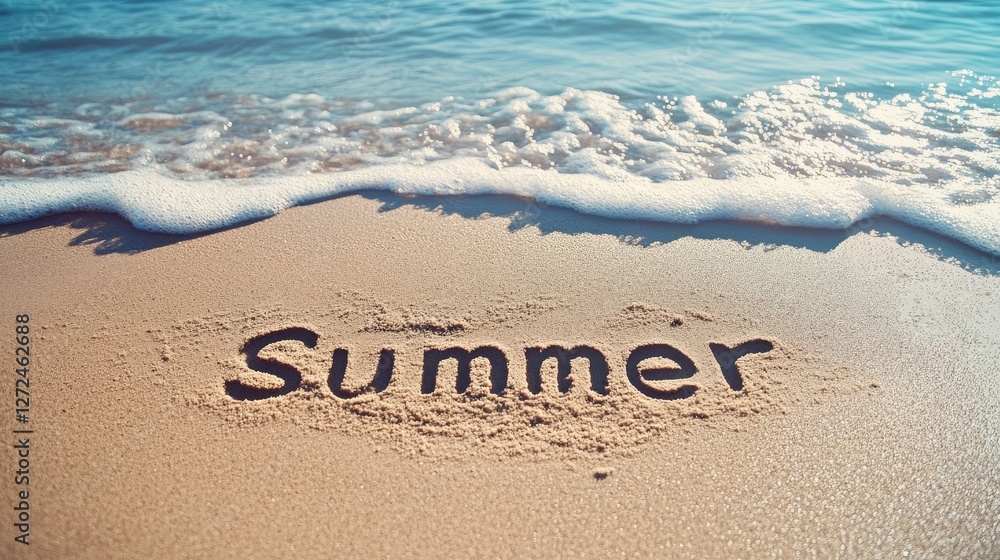 Fototapeta premium The word Summer etched into the sand on a tranquil beach, with waves from the sea flowing gently in the background, bringing vacation memories to life. No people no text