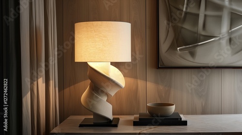 A designer table lamp with a sculpted base and silk shade, emphasizing its sophisticated form and soft illumination.