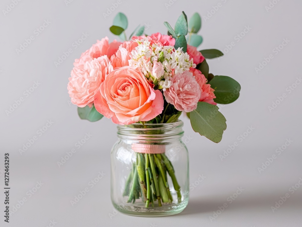 Obraz premium Beautiful bouquet of pink and peach flowers in a glass jar on a neutral background