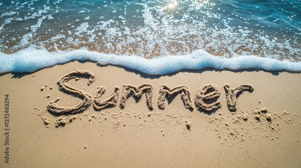 Fototapeta premium The word Summer written in the sand on a beach with gentle blue sea waves rolling in, symbolizing the peacefulness of vacation by the ocean. No people no text