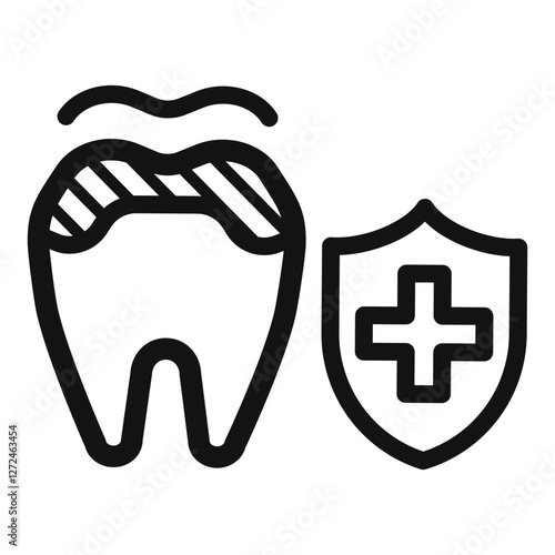 A black and white icon of a treated or protected tooth with a shield and a medical cross representing dental care protection treatment or oral health insurance.