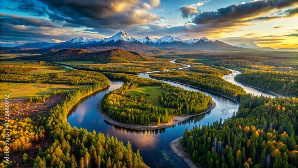 Obraz premium Majestic Northern Ural Mountains: Aerial Panorama from Summit