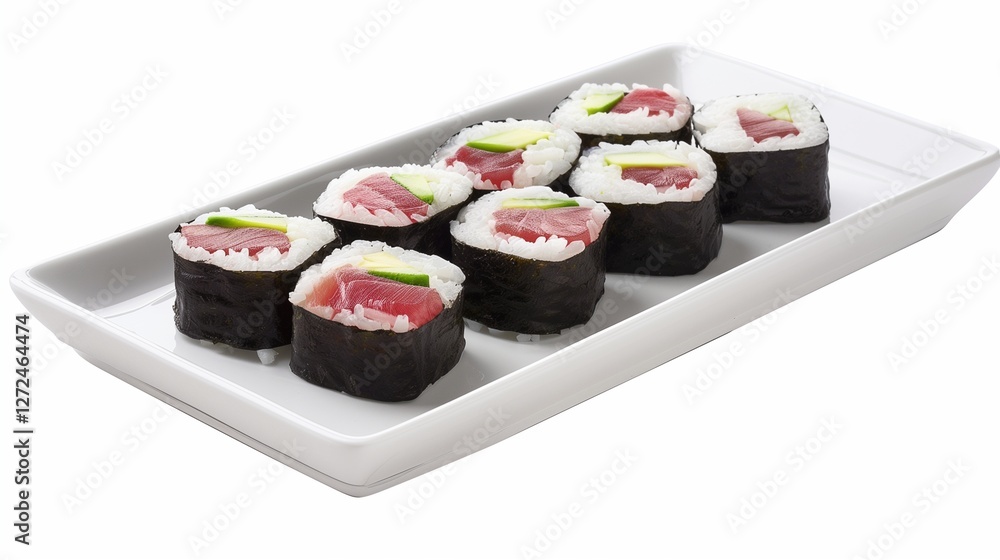 A freshly prepared sushi roll with slices of tuna, avocado, and rice, arranged neatly on a white rectangular plate. A freshly prepared sushi roll with slices of tuna, avocado, and rice, arranged neatly on a white rectangular plate.